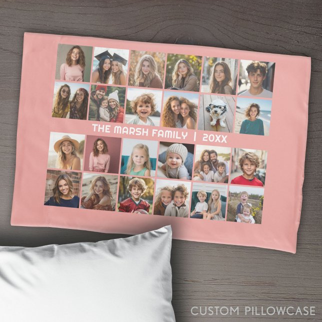 24 FotoCollage mit Familienname Datum - Korallen Kissenbezug (Create Your Own Photo Collage Pillowcase)