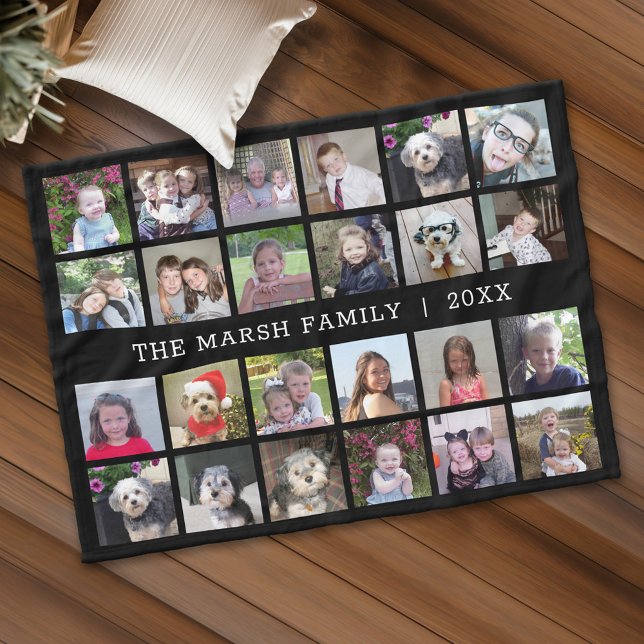 24 FotoCollage mit Familienname Datum - schwarz Fleecedecke (Personalized fleece blanket with 24 photos and custom text)
