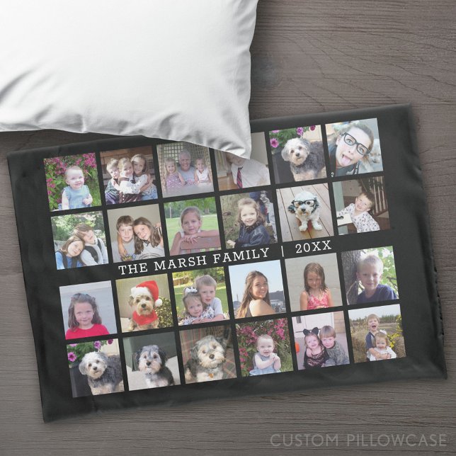24 FotoCollage mit Familienname Datum - schwarz Kissenbezug (Custom Pillowcase)