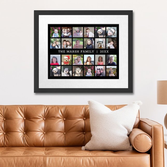 24 FotoCollage mit Familienname Datum - schwarz Poster (Personalized Photo Poster)
