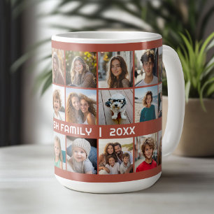 24 FotoCollage mit Familienname Datum Terra cotta Kaffeetasse