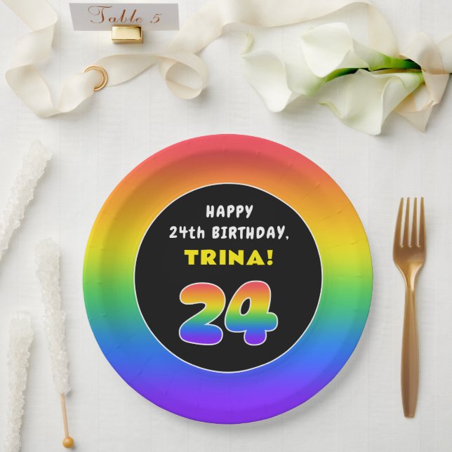 24. Geburtstag: Farbiger Regenbogen # 24, Individu Pappteller (Hochzeit)