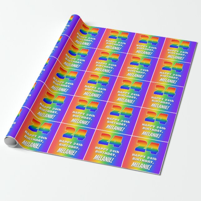 24. Geburtstag: Farbiges, lustiges Regenbogenmuste Geschenkpapier (Ungerollt)