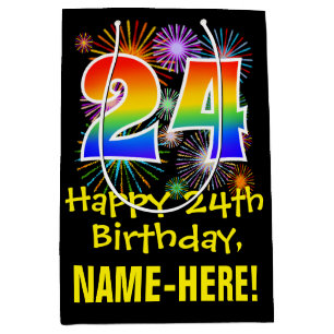 24. Geburtstag: Fun Fireworks Pattern + Regenbogen Mittlere Geschenktüte