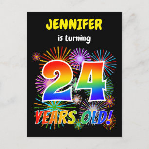 24. Geburtstag - Fun Fireworks, Regenbogen-Look "2 Postkarte