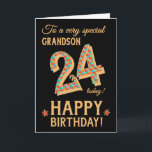 24. Geburtstag, für Grandson, Goldener Effekt auf  Karte<br><div class="desc">Eine schicke 24. Geburtstagskarte für einen ganz besonderen Grandson, mit der Zahl 24, in einem hellen Mosaikmuster mit einer goldenen Effekt-Kontur und dem ganzen Text in goldener Effektschrift (also keine metallische Farbe). Neben dem "Happy Birthday" befindet sich ein heller roter und goldener Stern auf diesem beeindruckenden digitalen Design von Judy...</div>