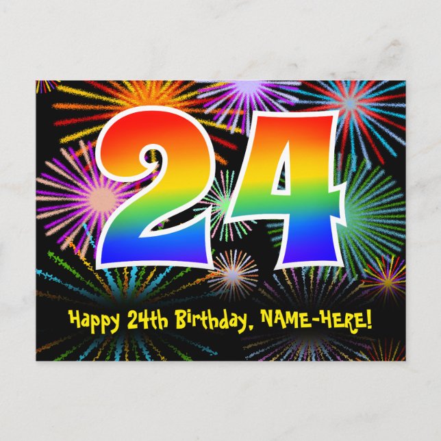 24. Geburtstag – Lustiges Feuerwerk Muster + Regen Postkarte (Vorderseite)
