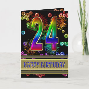 24. Geburtstag mit Regenbogenblasen und Feuerwerk Karte