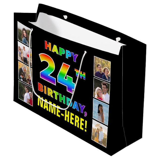 24. Geburtstag: Regenbogentext, benutzerdefinierte Große Geschenktüte (Vorderseite Schrägansicht)