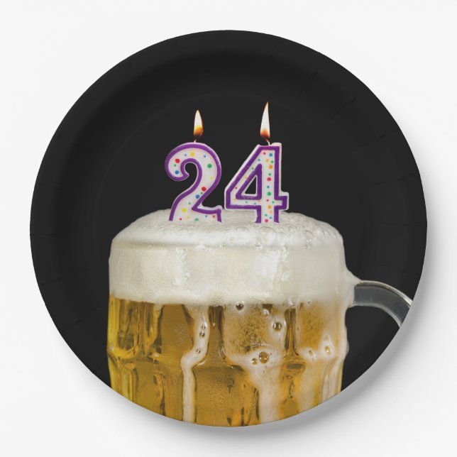 24. Geburtstagsbier auf schwarzem Papierplatten Pappteller (Vorderseite)