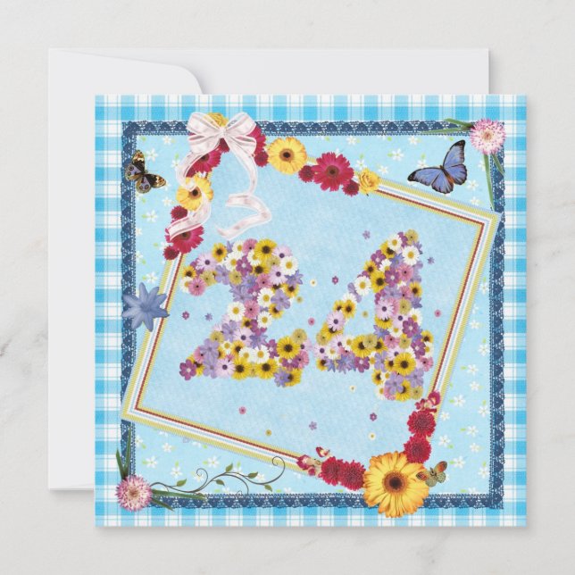 24. Geburtstagsparty Einladung Blume, Schmetterlin (Vorderseite)