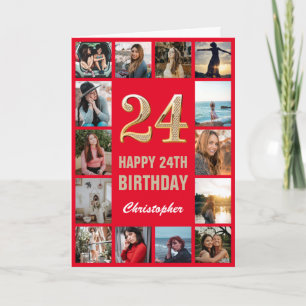 24. Happy Geburtstag Rot und Gold Foto Collage Karte