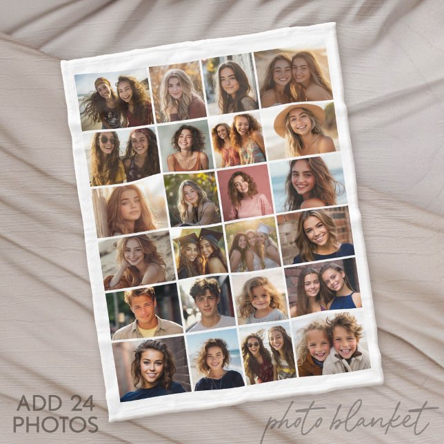 24 Nur Foto - Collage Raster - Weiß Fleecedecke (Custom Fleece Blanket with Photo Collage for Family and Friends)