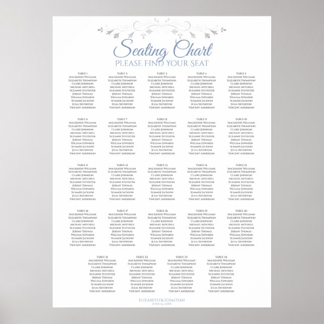 24 Tabelle Blue & Gray Wedding Seating Chart Poster (Vorne)