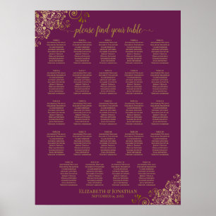24 Tabelle Cassis Lila Gold Wedding Seating Chart Poster