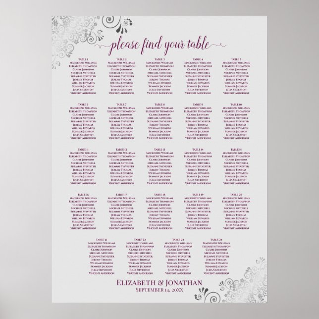 24 Tabelle Cassis Lila Gray Wedding Seating Chart Poster (Vorne)