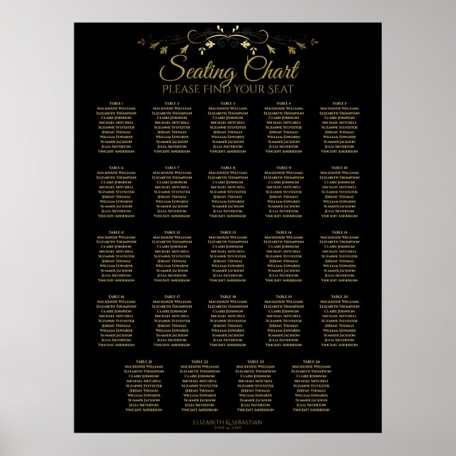 24 Tabelle Chic Gold & Black Wedding Seating Chart Poster (Vorne)