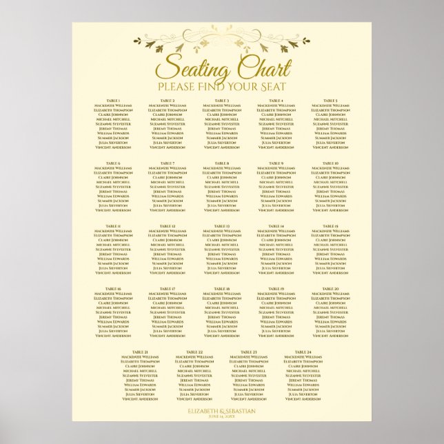 24 Tabelle Chic Gold & Cream Wedding Chart Poster (Vorne)