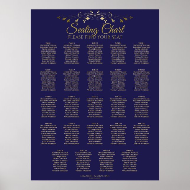 24 Tabelle Chic Gold & Navy Hochzeitskarte Poster (Vorne)