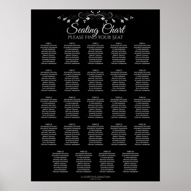 24 Tabelle Elegante schwarze Hochzeitssattelkarte Poster (Vorne)