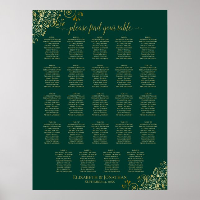 24 Tabelle Emerald Green Gold Hochzeitstabelle Poster (Vorne)