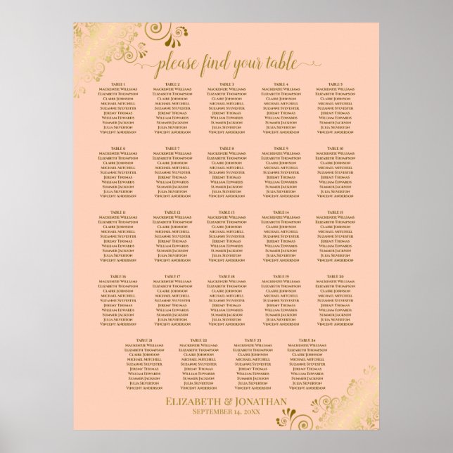 24 Tabelle Korallenpfirsich & Gold Hochzeitskarte Poster (Vorne)