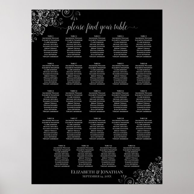 24 Tabelle Silver & Black Wedding Seating Chart Poster (Vorne)