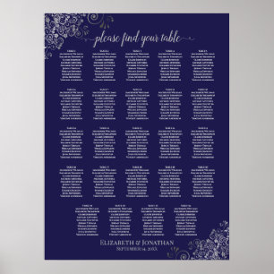 24 Tabelle Silver & Navy Blue Wedding Seating Char Poster