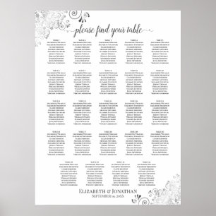 24 Tabelle Silver & White Chic Hochzeitstabelle Poster