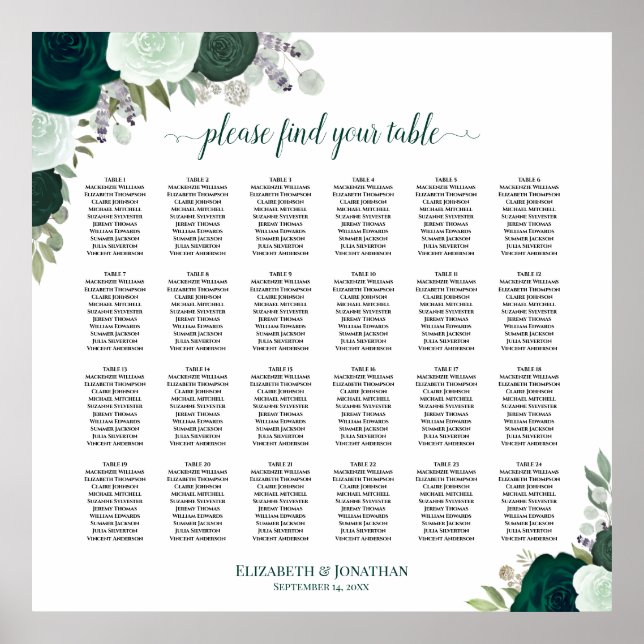 24 Table Emerald Boho Rose Hochzeitstabelle Poster (Vorne)