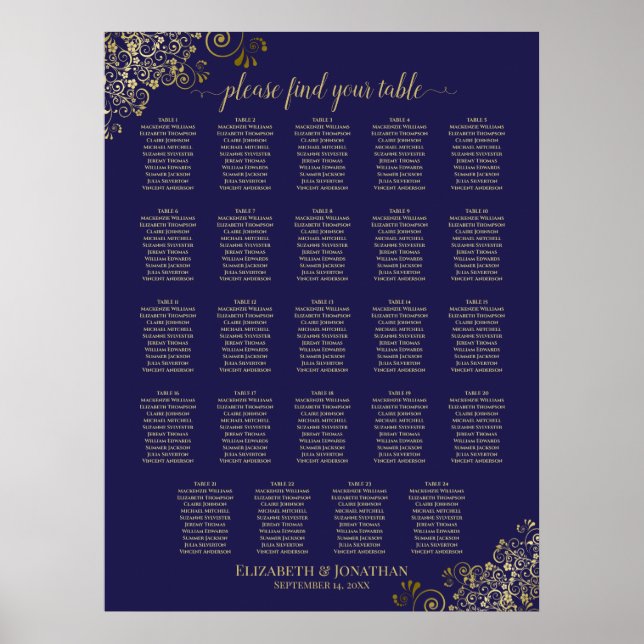 24 Table Gold Navy Blue Chic Hochzeitskarte Poster (Vorne)