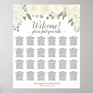 24 Tische Elfenbein Weiße Rosen Hochzeits-Sitzplan Poster