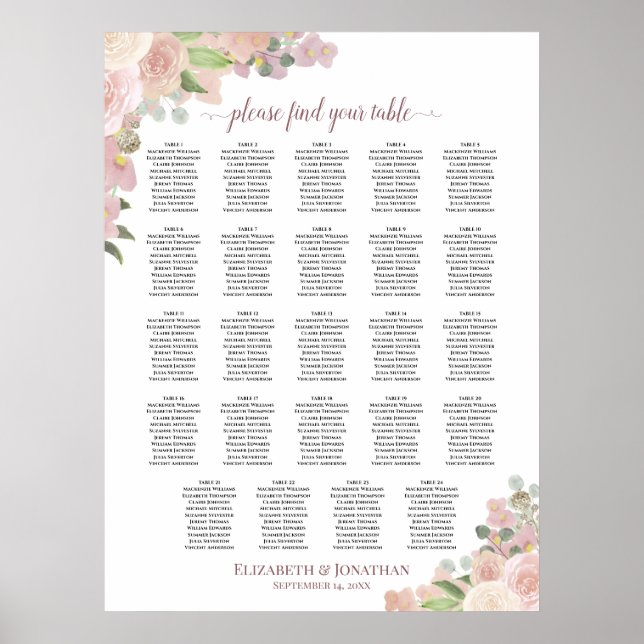 24 Tische Rustikale Rosa Florale Hochzeits-Sitzord Poster (Vorne)