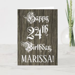 24th Birthday: Fancy, Elegant Text; Faux Wood Look Karte