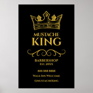 24x36 Gold Crown King Mustache Barbershop Sign Poster