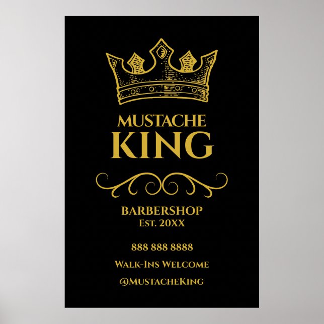 24x36 Gold Crown King Mustache Barbershop Sign Poster (Vorne)