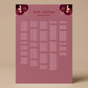 250 Burgund & Gold Blumen Hochzeits-Sitzplan Poster