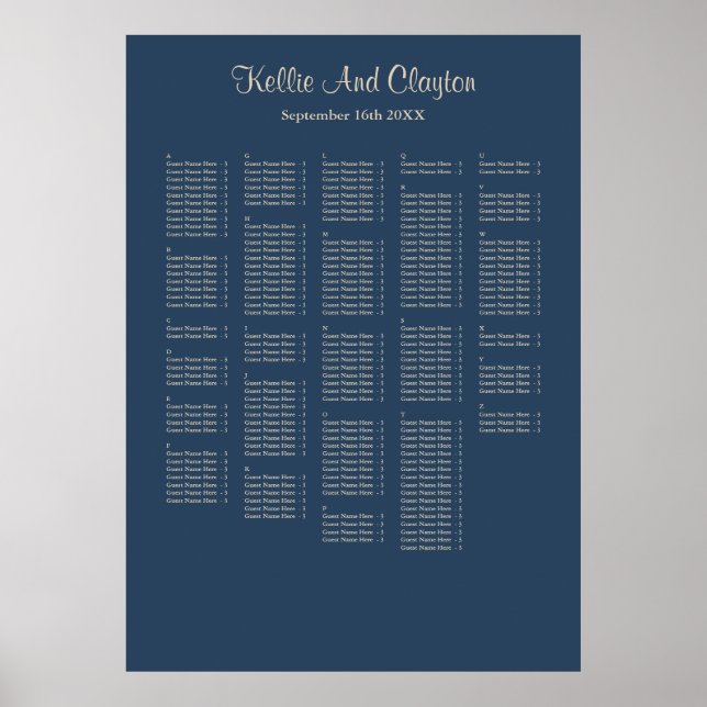 250+ Classic Blue Simple Wedding Seating Chart Poster (Vorne)