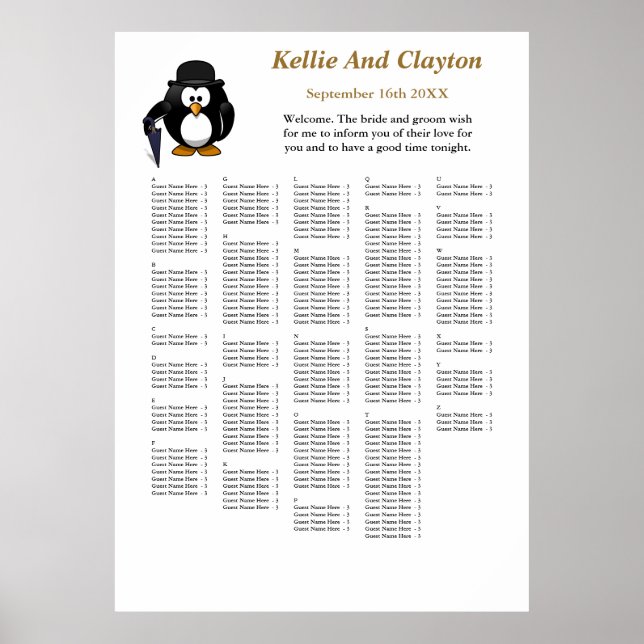 250 Funny Pinguin Greeter Wedding Seating Chart Poster (Vorne)