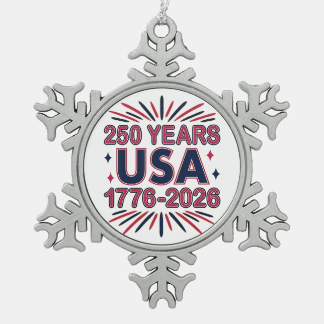 250 Jahre USA | 1776-2026 Halbjahr Schneeflocken Zinn-Ornament (Vorderseite)