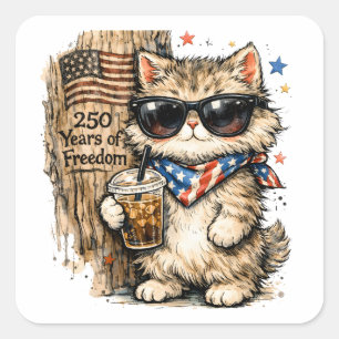 250. Jubiläum USA Patriotische Katze Eiskaffee Quadratischer Aufkleber