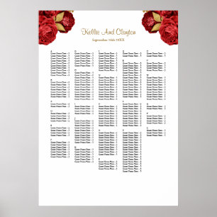 250+ Red And Gold Floral Wedding Seating Chart Poster