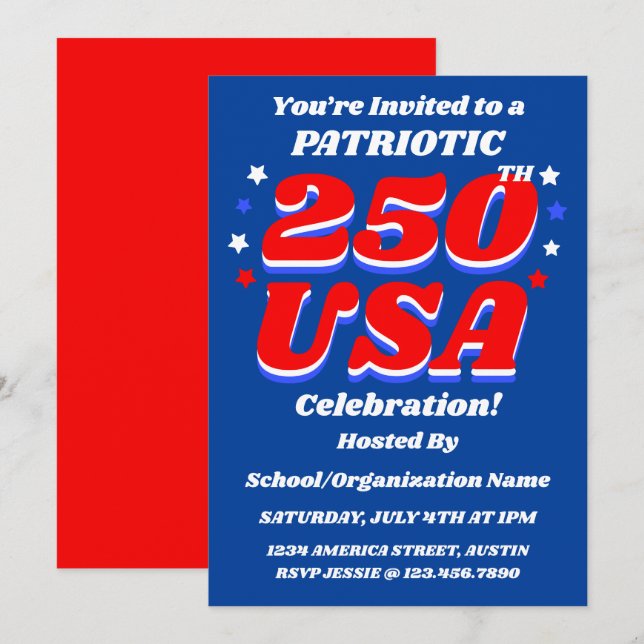 250 USA Celebration Editable Patriotic Invite Einladung (Vorne/Hinten)