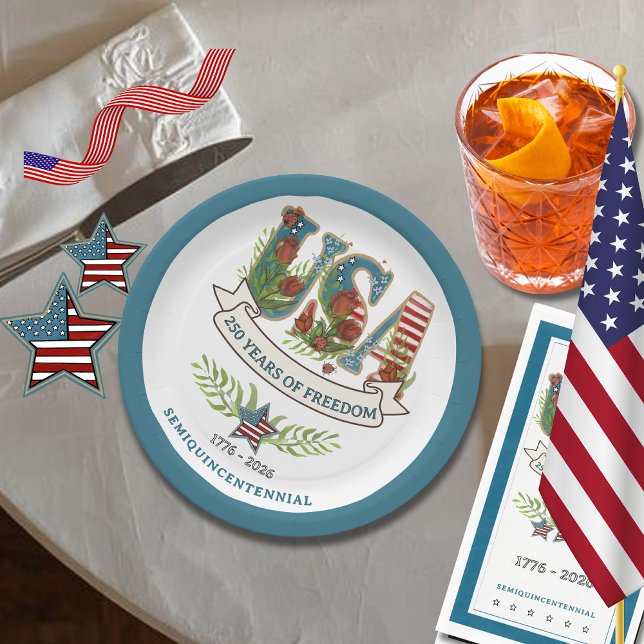 250 Years of Freedom Elegant Patriotic Blue Border Pappteller (250 Years of Freedom Elegant Patriotic Blue Border Paper Plates)