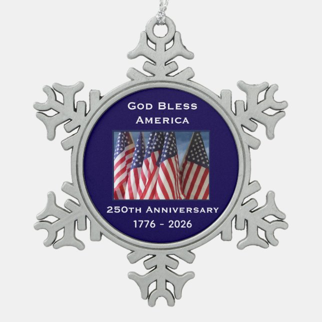 250th Anniversary USA Patriotic God Bless America  Schneeflocken Zinn-Ornament (Vorderseite)