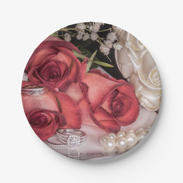2586-Rot-Weiß-Hochzeit-Rose mit Ringen, Perlen Pappteller (Vorderseite)