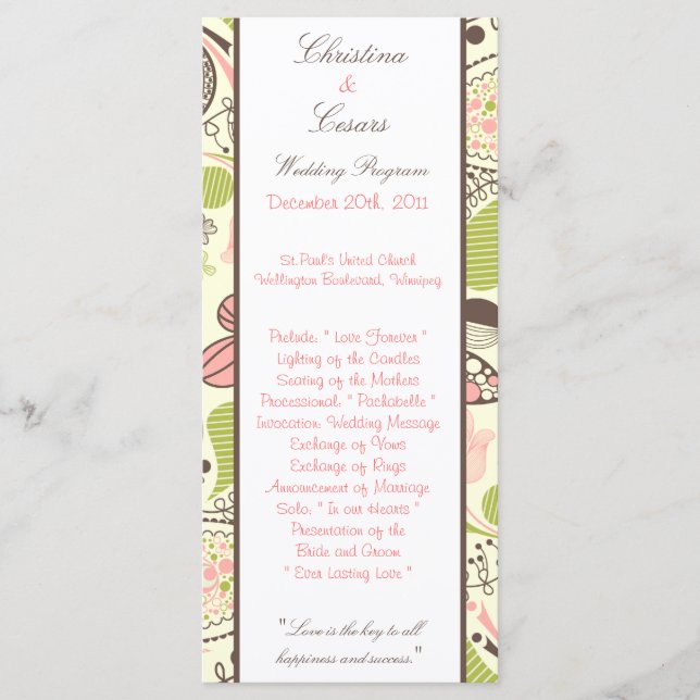 25 4 x 9 Hochzeitsprogramm Frühlingsrosa/grüne Blü Programm (Vorderseite)