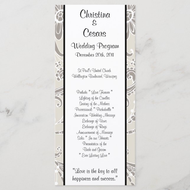 25 4 x 9 Hochzeitsprogramm Grau Blühend Wirbel Programm (Vorderseite)