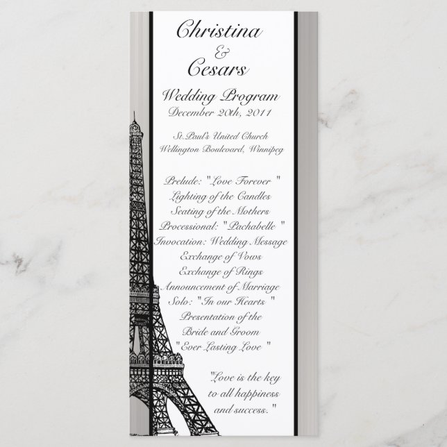 25 4 x 9 Hochzeitsprogramm Schwarzer Eiffelturm Programm (Vorderseite)