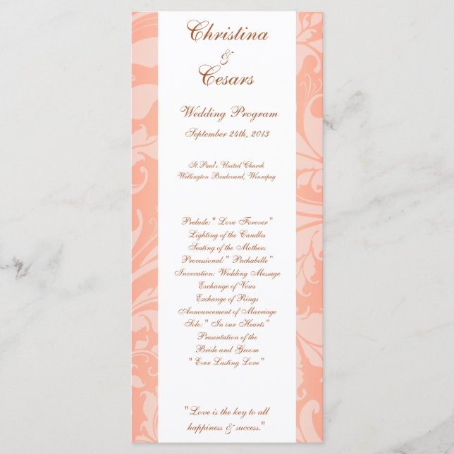 25 4x9 Hochzeitskalender Braun Rose auf Rosa Blüte Programm (Vorderseite)